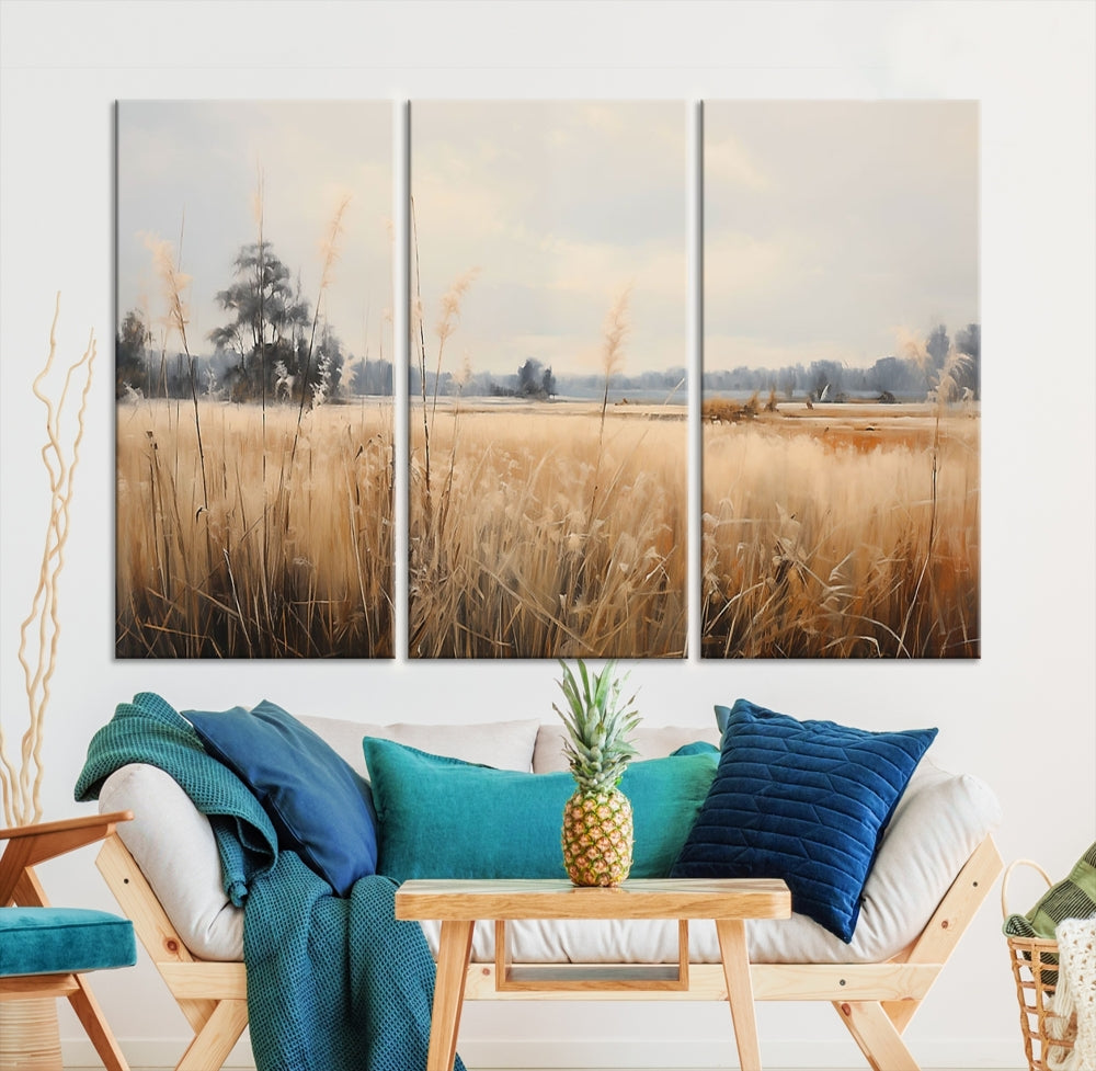 Vintage Countryside Field of Wheat and Flowers Canvas Wall Art Print Framed