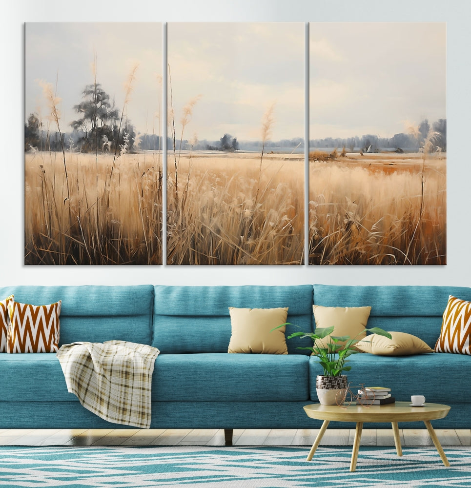 Vintage Countryside Field of Wheat and Flowers Canvas Wall Art Print Framed