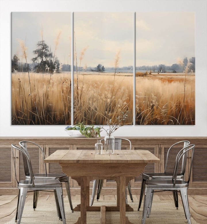 Vintage Countryside Field of Wheat and Flowers Canvas Wall Art Print Framed