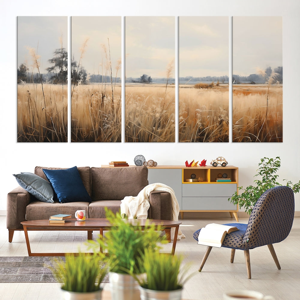 Vintage Countryside Field of Wheat and Flowers Canvas Wall Art Print Framed