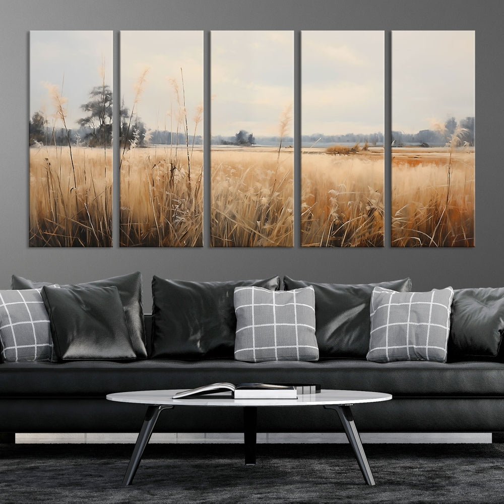 Vintage Countryside Field of Wheat and Flowers Canvas Wall Art Print Framed