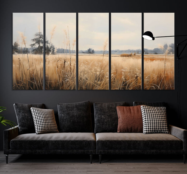 Vintage Countryside Field of Wheat and Flowers Canvas Wall Art Print Framed