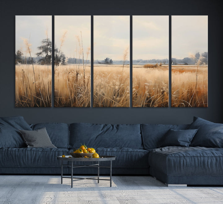 Vintage Countryside Field of Wheat and Flowers Canvas Wall Art Print Framed