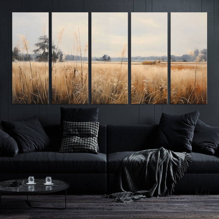 Vintage Countryside Field of Wheat and Flowers Canvas Wall Art Print Framed