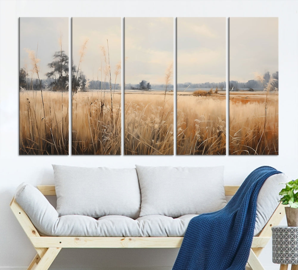 Vintage Countryside Field of Wheat and Flowers Canvas Wall Art Print Framed