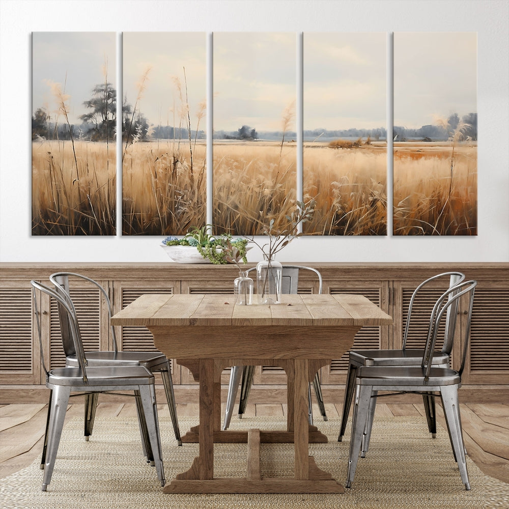 Vintage Countryside Field of Wheat and Flowers Canvas Wall Art Print Framed