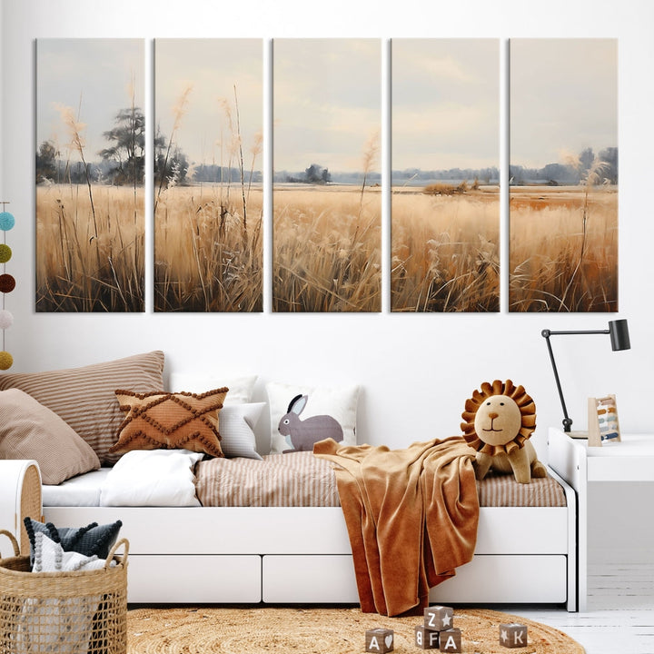 Vintage Countryside Field of Wheat and Flowers Canvas Wall Art Print Framed