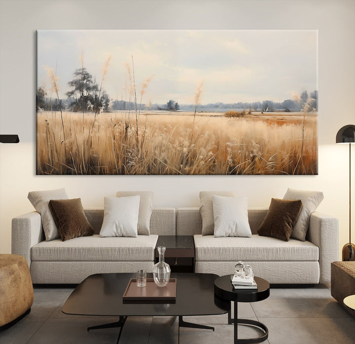 Vintage Countryside Field of Wheat and Flowers Canvas Wall Art Print Framed