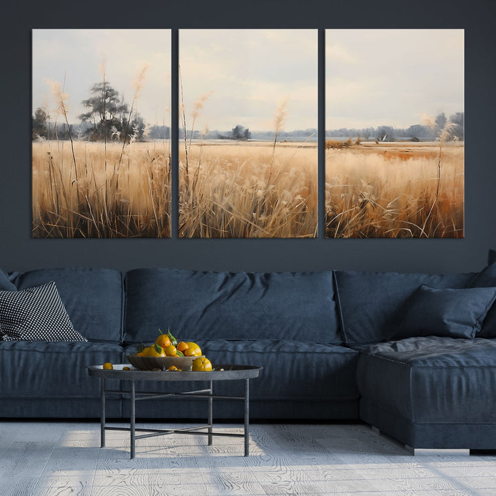 Vintage Countryside Field of Wheat and Flowers Canvas Wall Art Print Framed