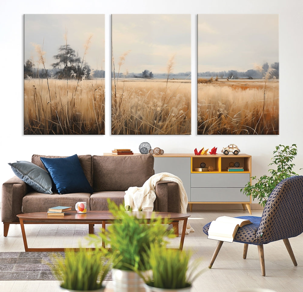 Vintage Countryside Field of Wheat and Flowers Canvas Wall Art Print Framed