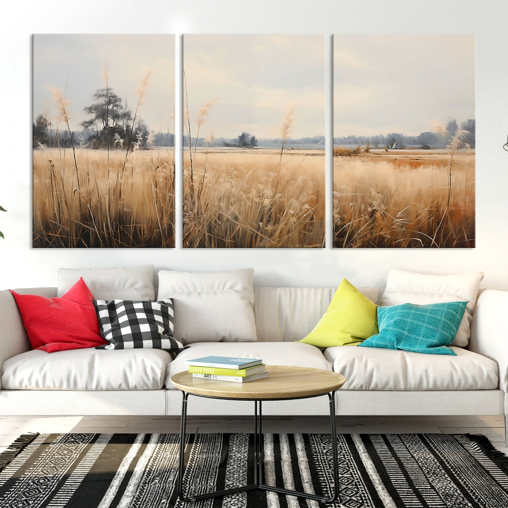 Vintage Countryside Field of Wheat and Flowers Canvas Wall Art Print Framed