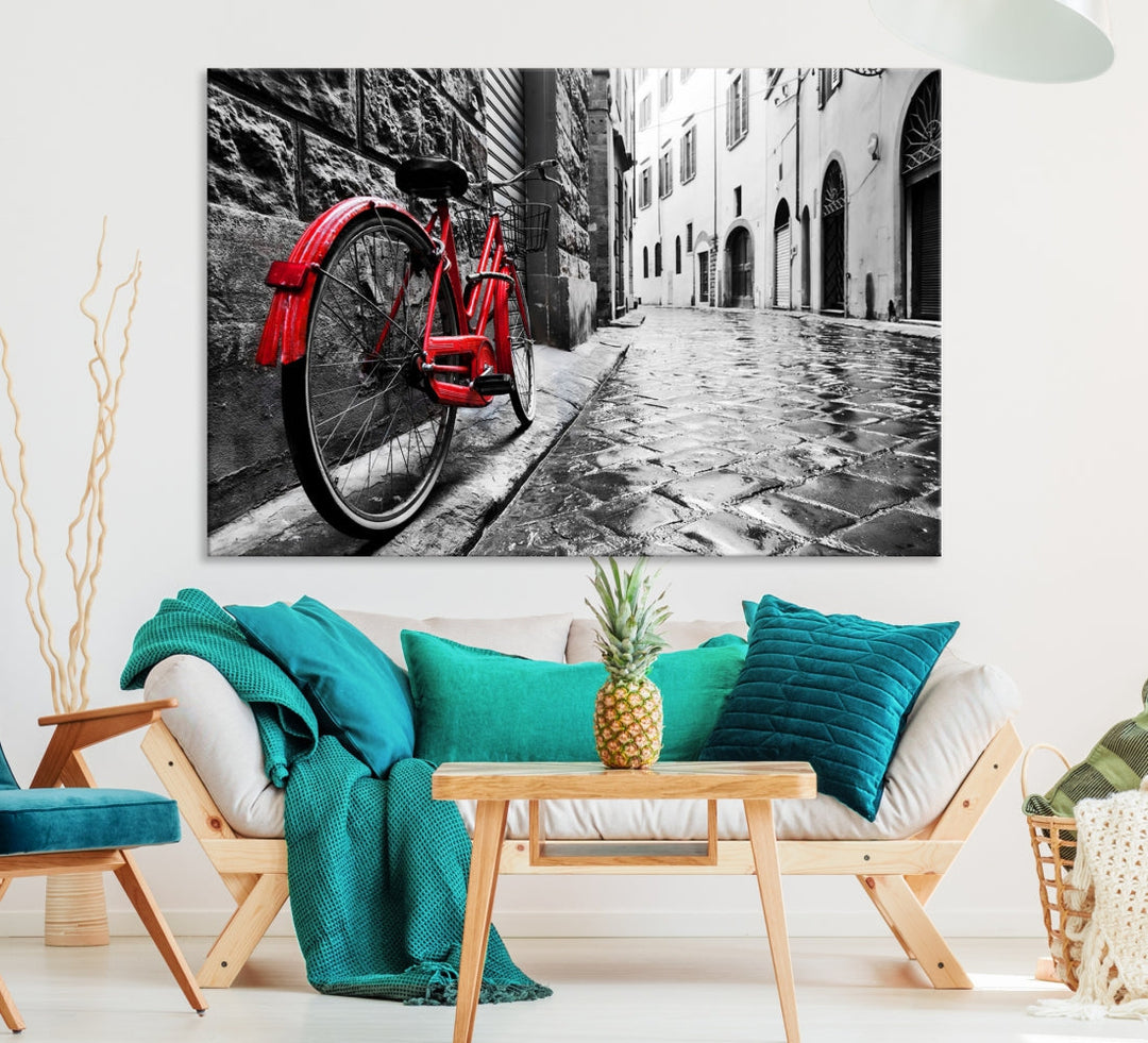 Vintage Red Bicycle on the Street Black and White Large Canvas Wall Art Giclee Print