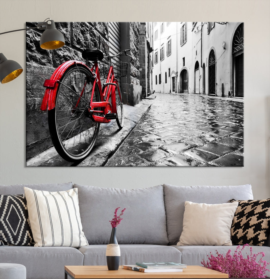 Vintage Red Bicycle on the Street Black and White Large Canvas Wall Art Giclee Print