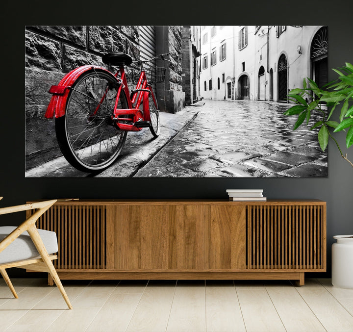 Vintage Red Bicycle on the Street Black and White Large Canvas Wall Art Giclee Print