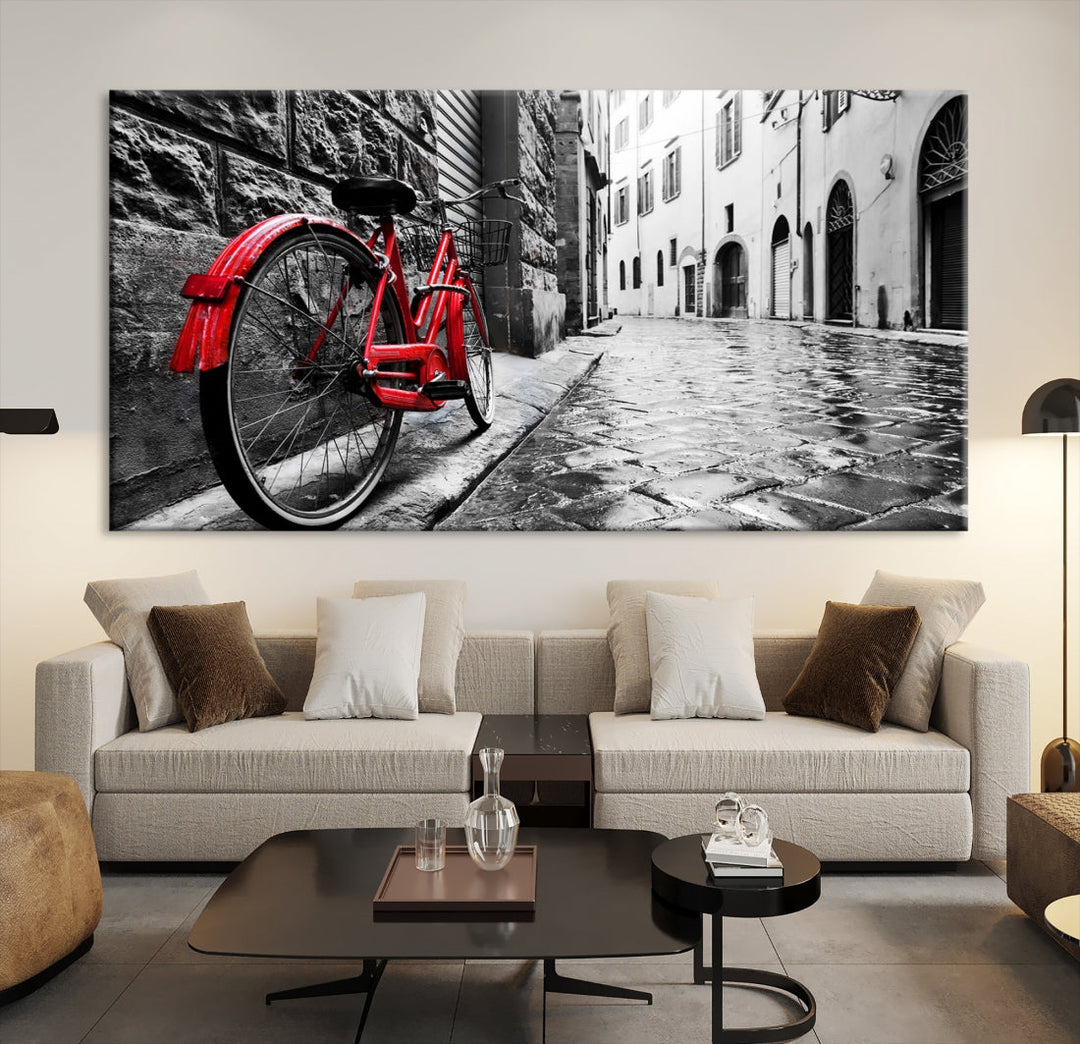 Vintage Red Bicycle on the Street Black and White Large Canvas Wall Art Giclee Print