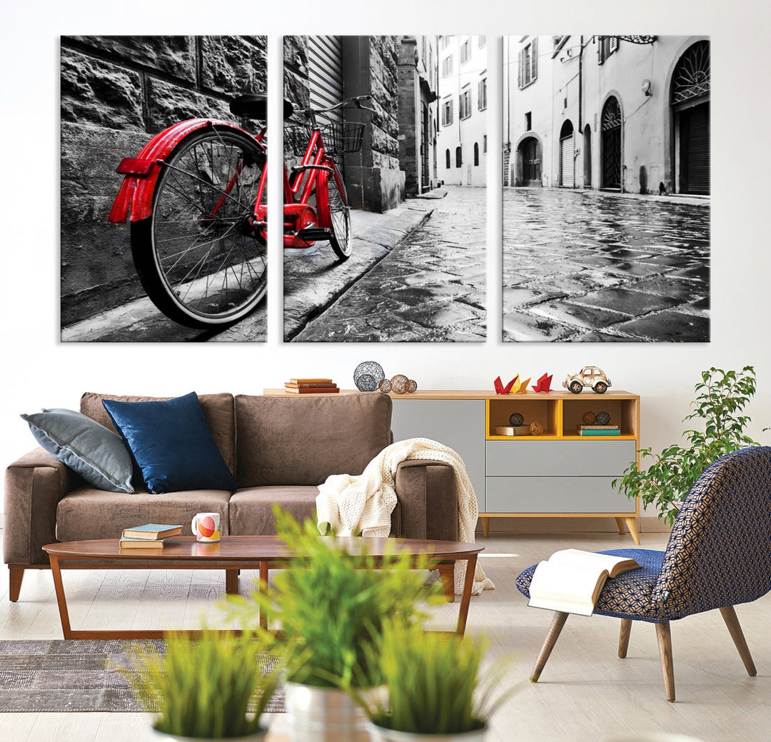 Vintage Red Bicycle on the Street Black and White Large Canvas Wall Art Giclee Print