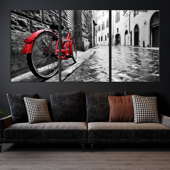 Vintage Red Bicycle on the Street Black and White Large Canvas Wall Art Giclee Print