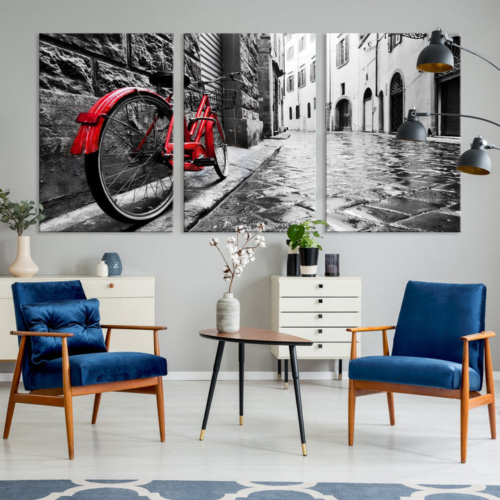 Vintage Red Bicycle on the Street Black and White Large Canvas Wall Art Giclee Print