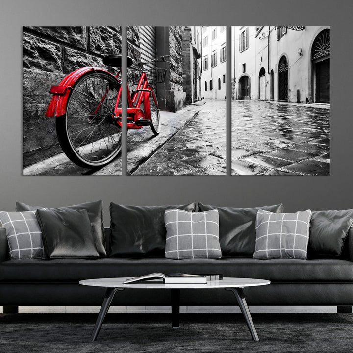 Vintage Red Bicycle on the Street Black and White Large Canvas Wall Art Giclee Print