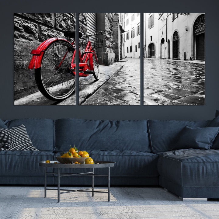 Vintage Red Bicycle on the Street Black and White Large Canvas Wall Art Giclee Print