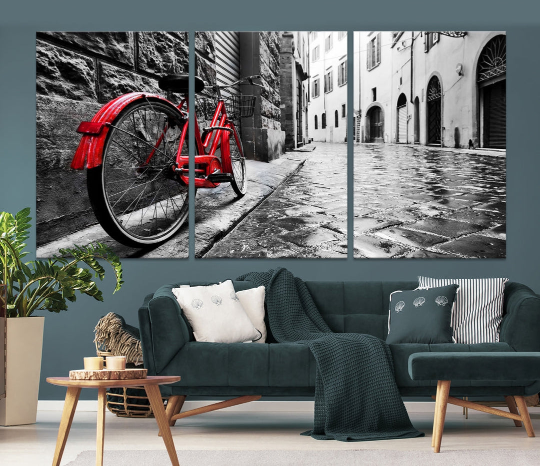 Vintage Red Bicycle on the Street Black and White Large Canvas Wall Art Giclee Print