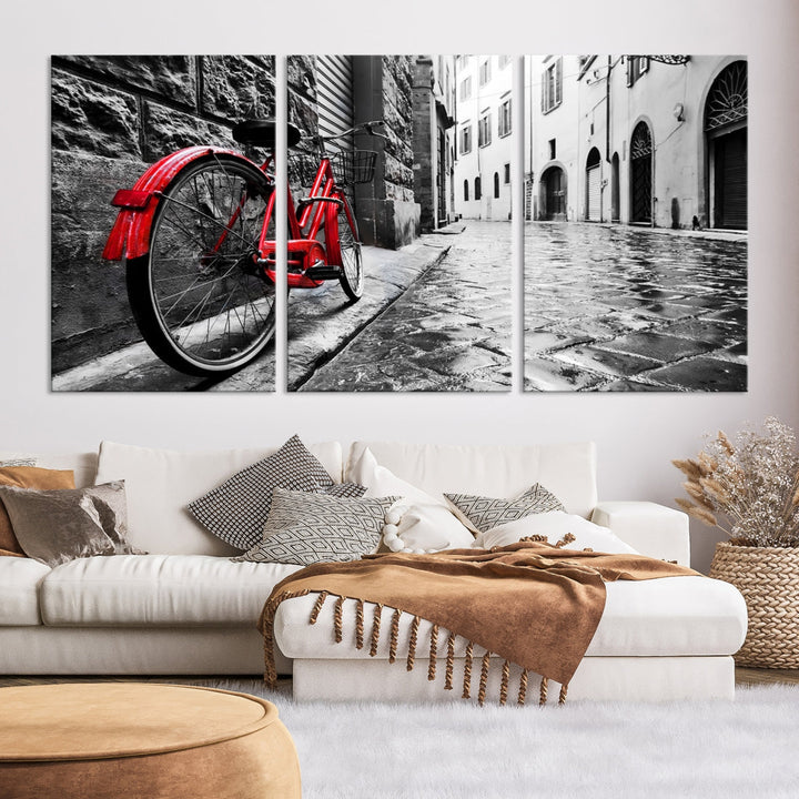 Vintage Red Bicycle on the Street Black and White Large Canvas Wall Art Giclee Print