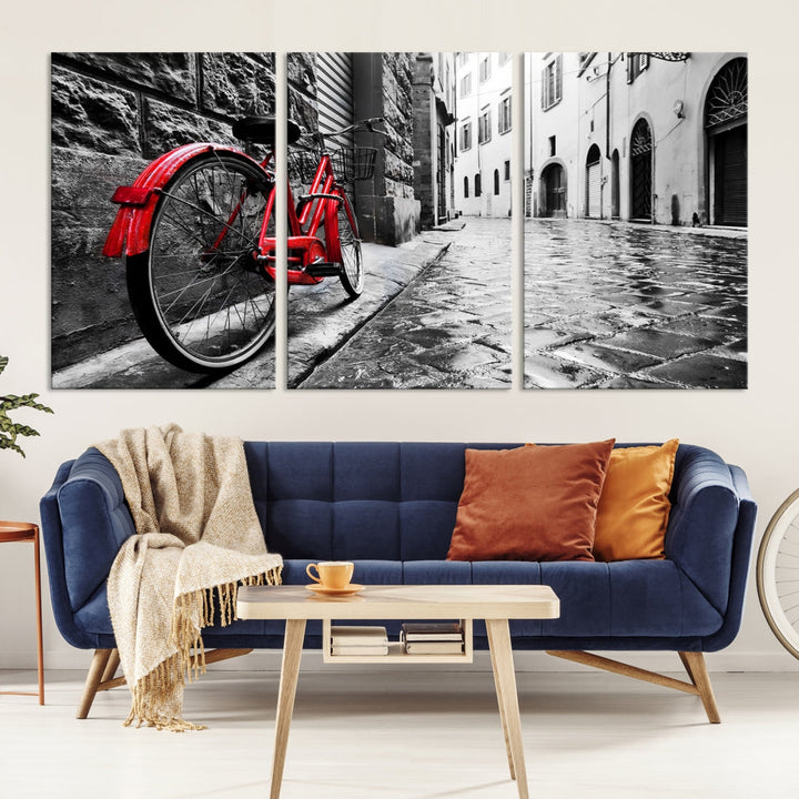 Vintage Red Bicycle on the Street Black and White Large Canvas Wall Art Giclee Print