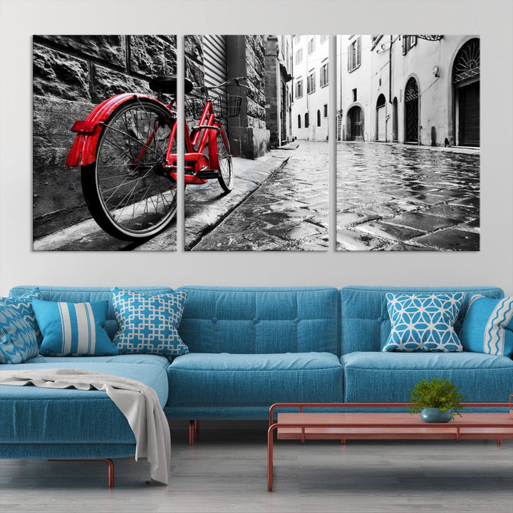 Vintage Red Bicycle on the Street Black and White Large Canvas Wall Art Giclee Print