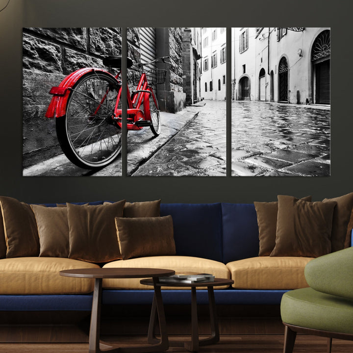 Vintage Red Bicycle on the Street Black and White Large Canvas Wall Art Giclee Print