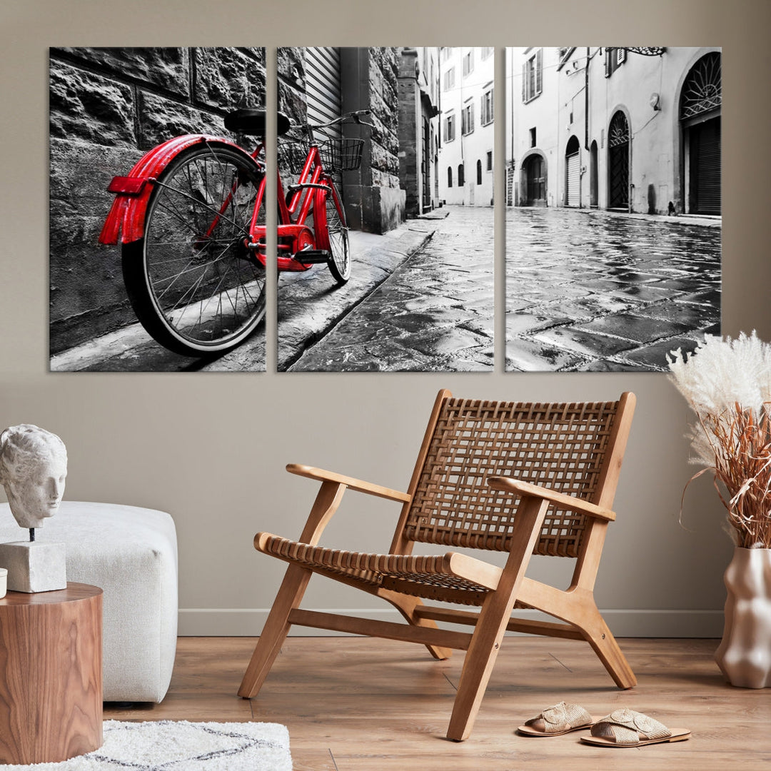 Vintage Red Bicycle on the Street Black and White Large Canvas Wall Art Giclee Print