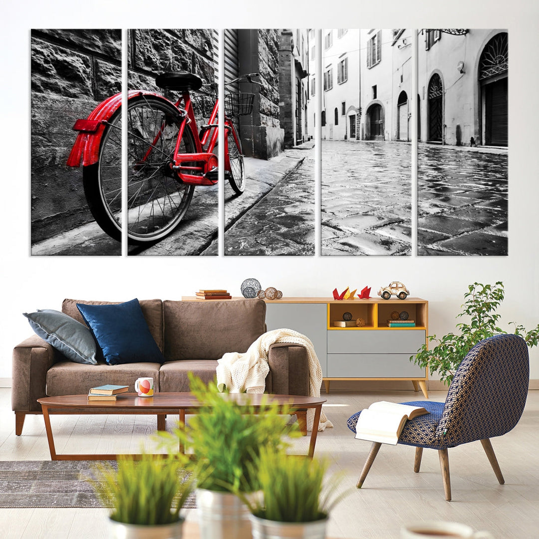 Vintage Red Bicycle on the Street Black and White Large Canvas Wall Art Giclee Print