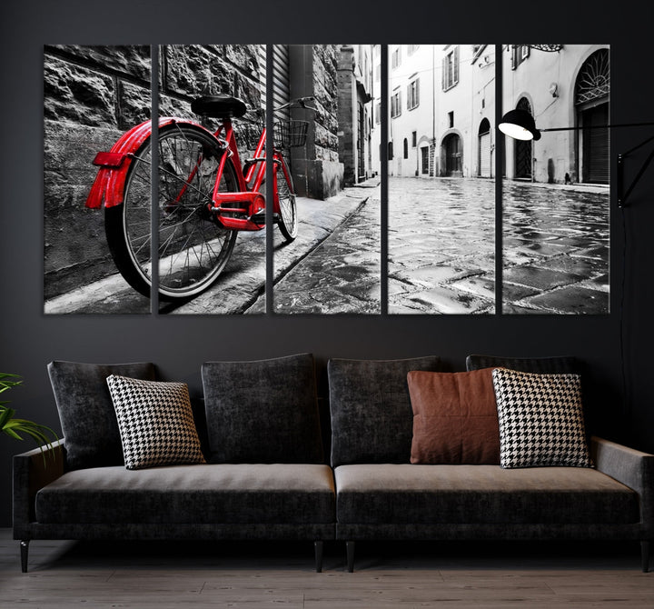 Vintage Red Bicycle on the Street Black and White Large Canvas Wall Art Giclee Print