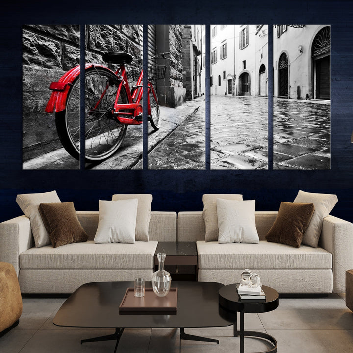 Vintage Red Bicycle on the Street Black and White Large Canvas Wall Art Giclee Print