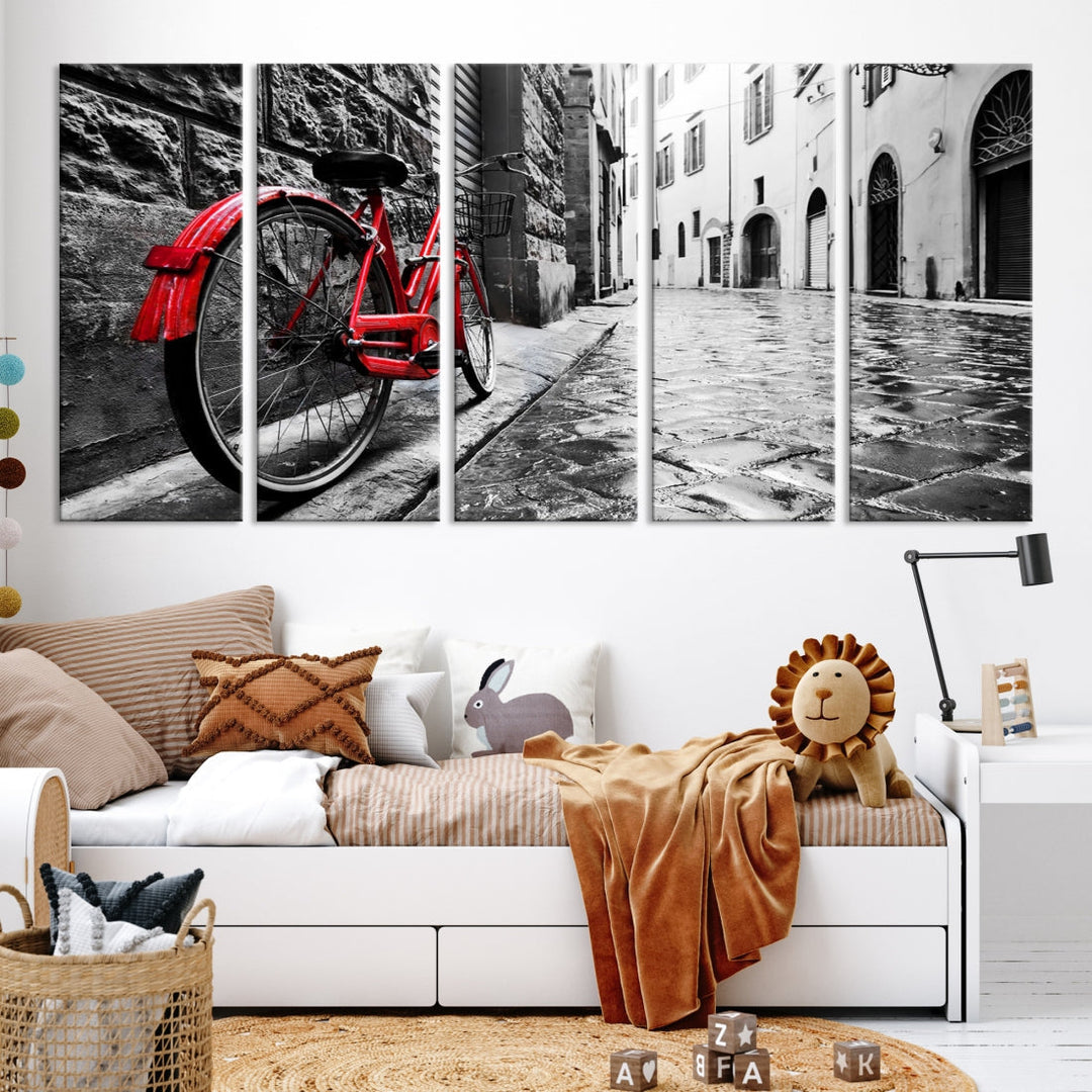 Vintage Red Bicycle on the Street Black and White Large Canvas Wall Art Giclee Print