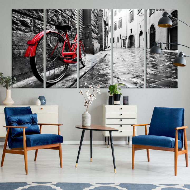 Vintage Red Bicycle on the Street Black and White Large Canvas Wall Art Giclee Print