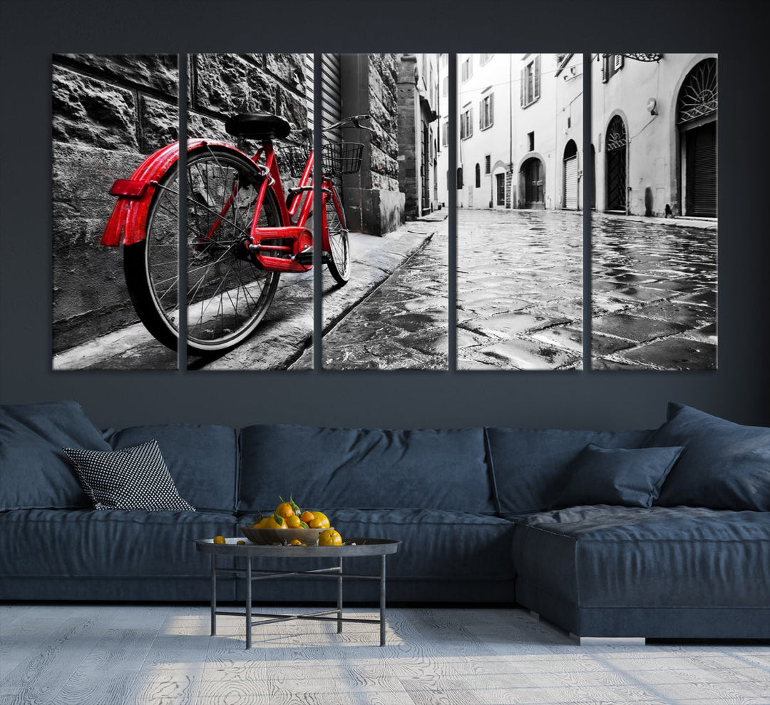 Vintage Red Bicycle on the Street Black and White Large Canvas Wall Art Giclee Print