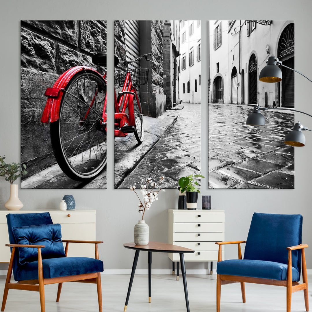 Vintage Red Bicycle on the Street Black and White Large Canvas Wall Art Giclee Print