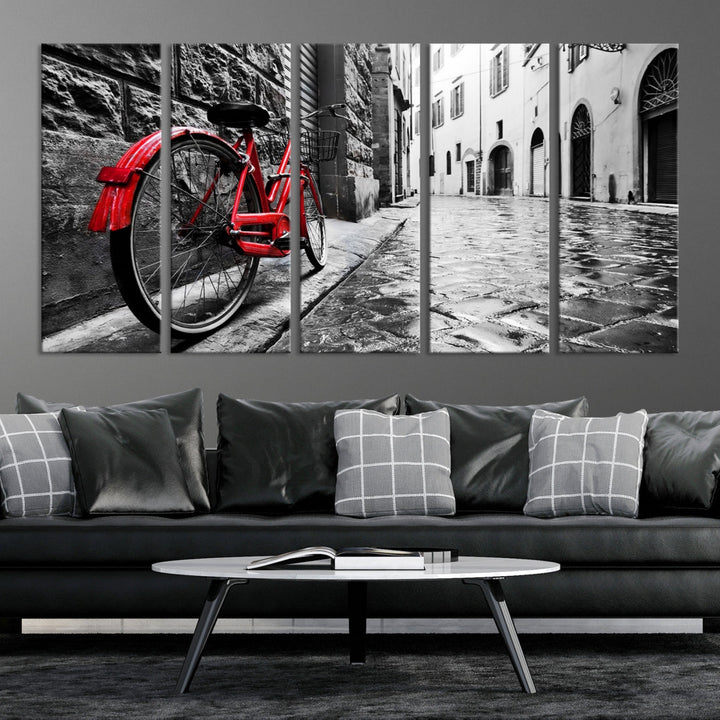 Vintage Red Bicycle on the Street Black and White Large Canvas Wall Art Giclee Print