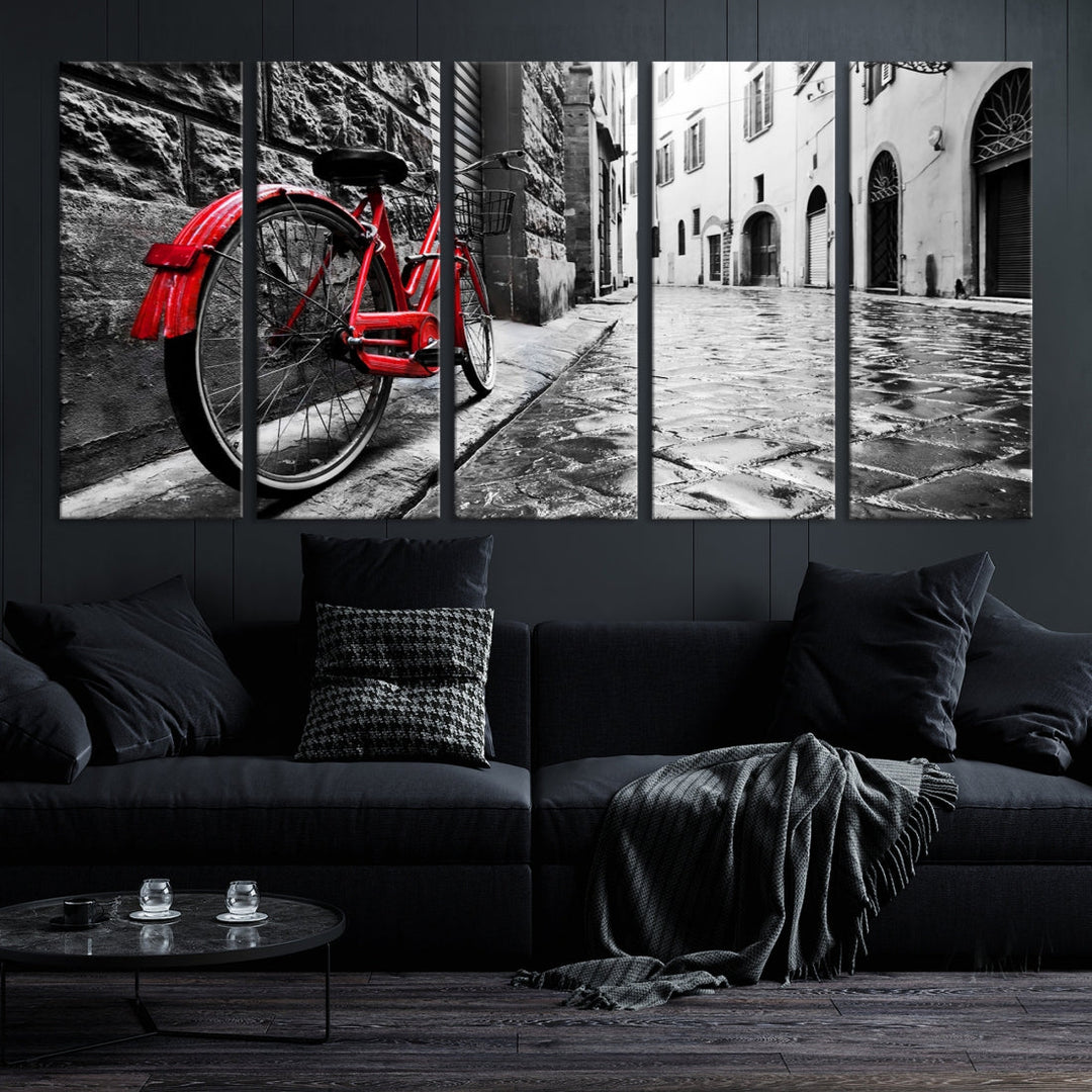 Vintage Red Bicycle on the Street Black and White Large Canvas Wall Art Giclee Print