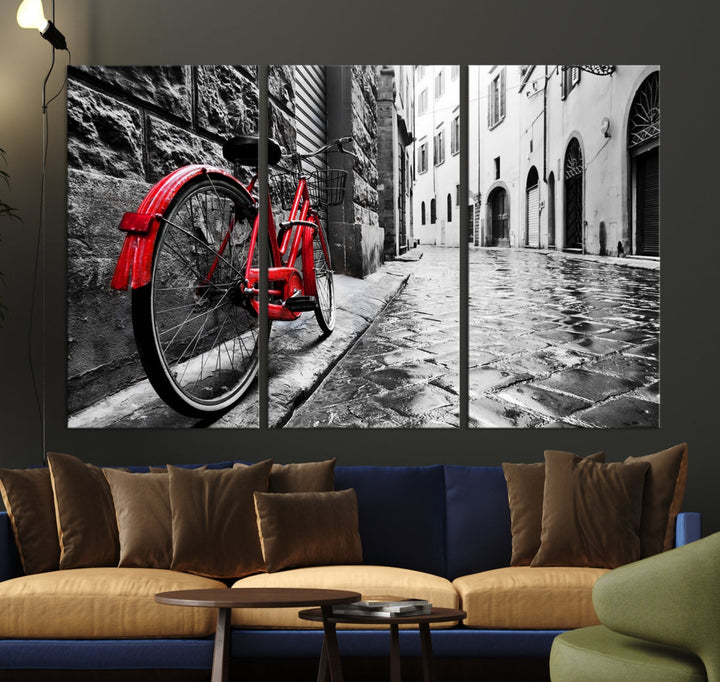 Vintage Red Bicycle on the Street Black and White Large Canvas Wall Art Giclee Print