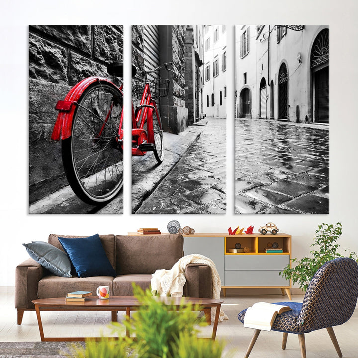 Vintage Red Bicycle on the Street Black and White Large Canvas Wall Art Giclee Print