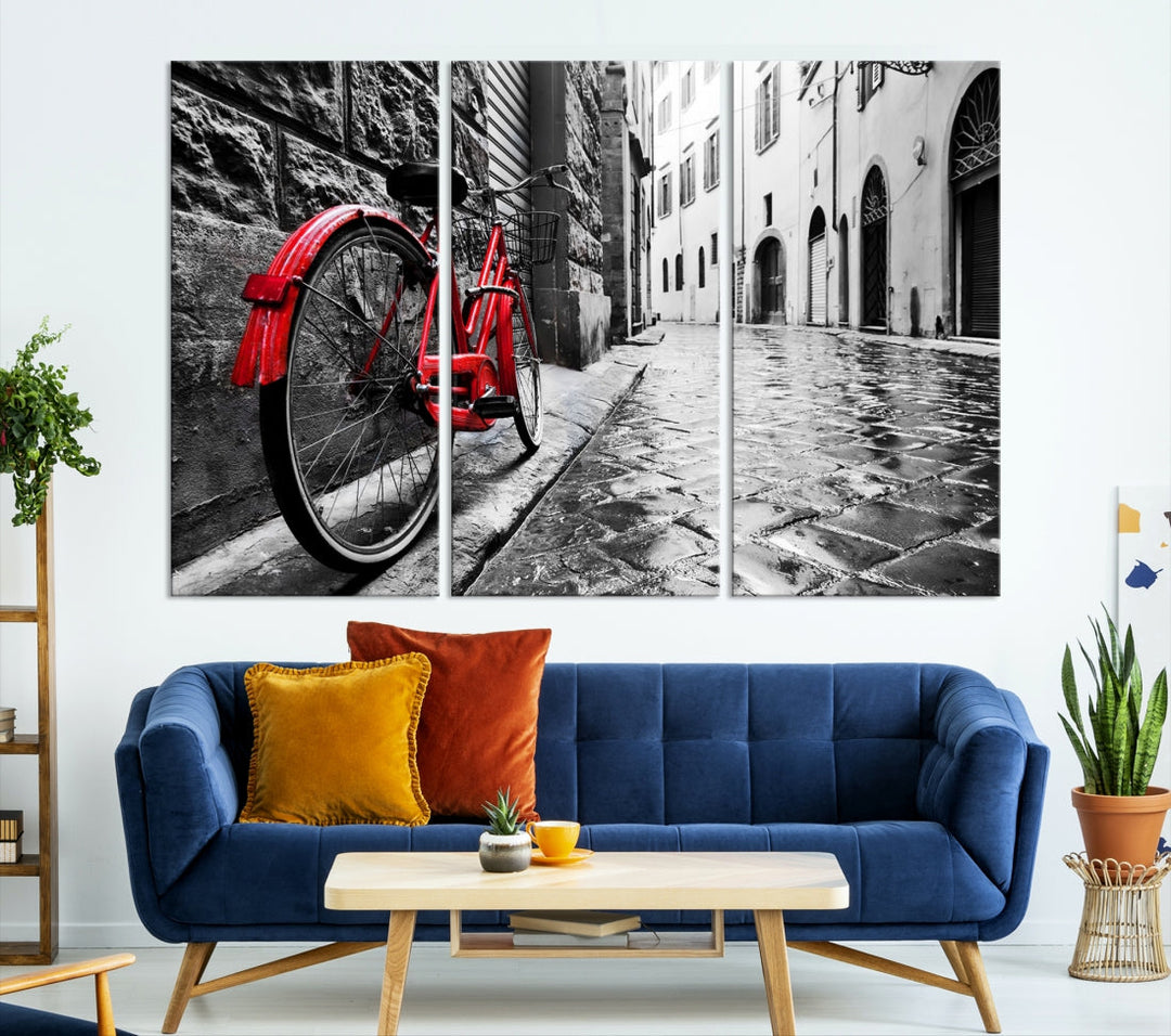 Vintage Red Bicycle on the Street Black and White Large Canvas Wall Art Giclee Print