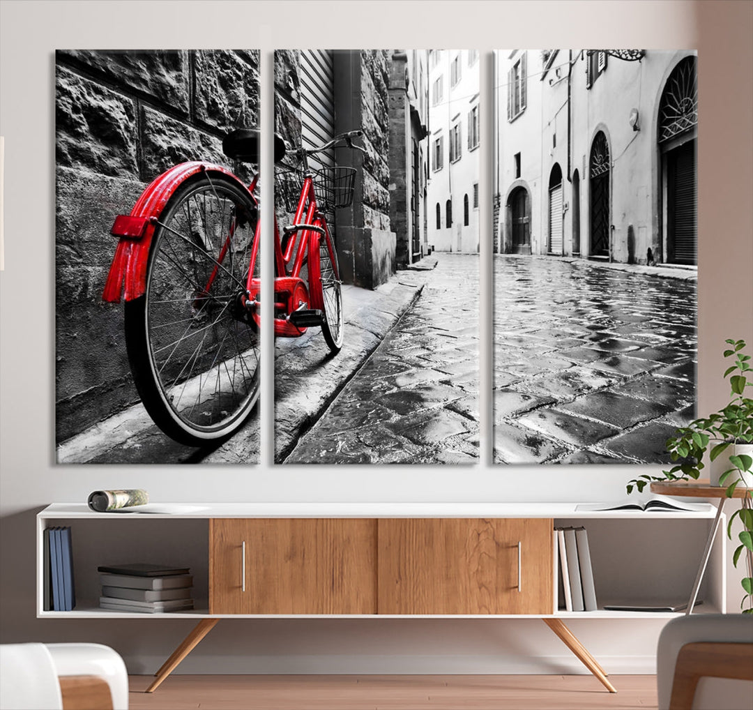 Vintage Red Bicycle on the Street Black and White Large Canvas Wall Art Giclee Print