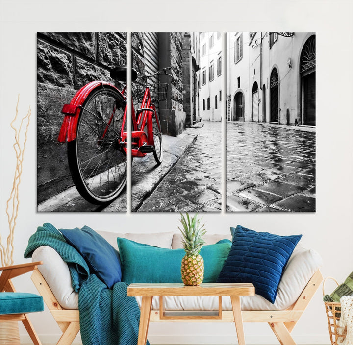 Vintage Red Bicycle on the Street Black and White Large Canvas Wall Art Giclee Print