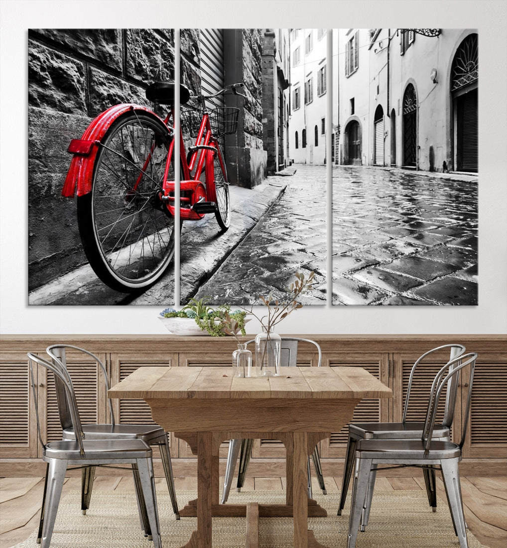 Vintage Red Bicycle on the Street Black and White Large Canvas Wall Art Giclee Print