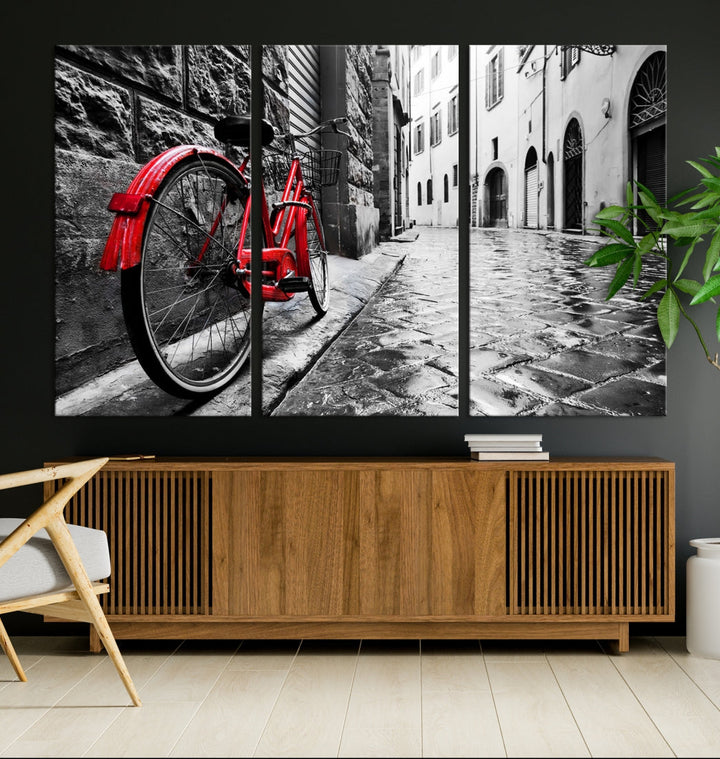 Vintage Red Bicycle on the Street Black and White Large Canvas Wall Art Giclee Print