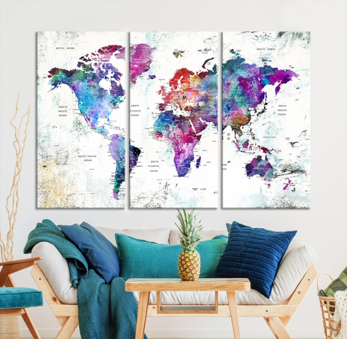 Vivid Colored Detailed World Map Push Pin Travel Map on White Background Canvas Art Print