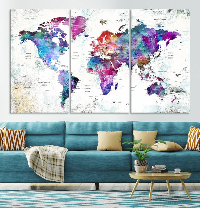 Vivid Colored Detailed World Map Push Pin Travel Map on White Background Canvas Art Print