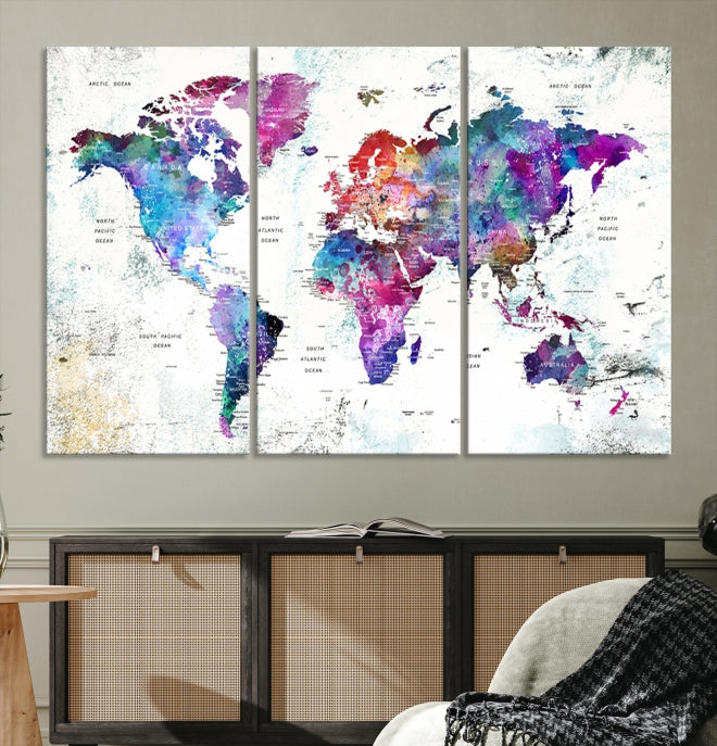 Vivid Colored Detailed World Map Push Pin Travel Map on White Background Canvas Art Print