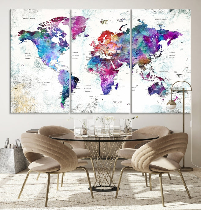 Vivid Colored Detailed World Map Push Pin Travel Map on White Background Canvas Art Print